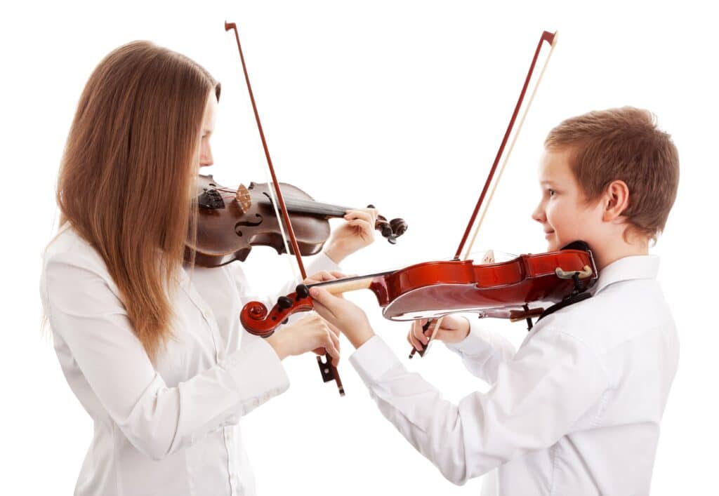 Violin lesson with mom and child