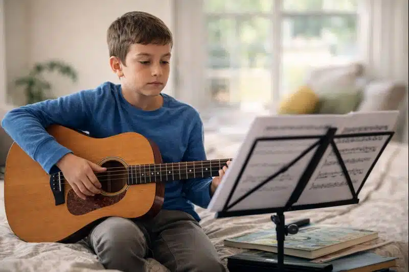 Child practicing music independently at home