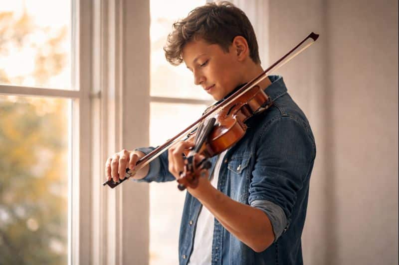 Teen musician playing violin with calm confidence