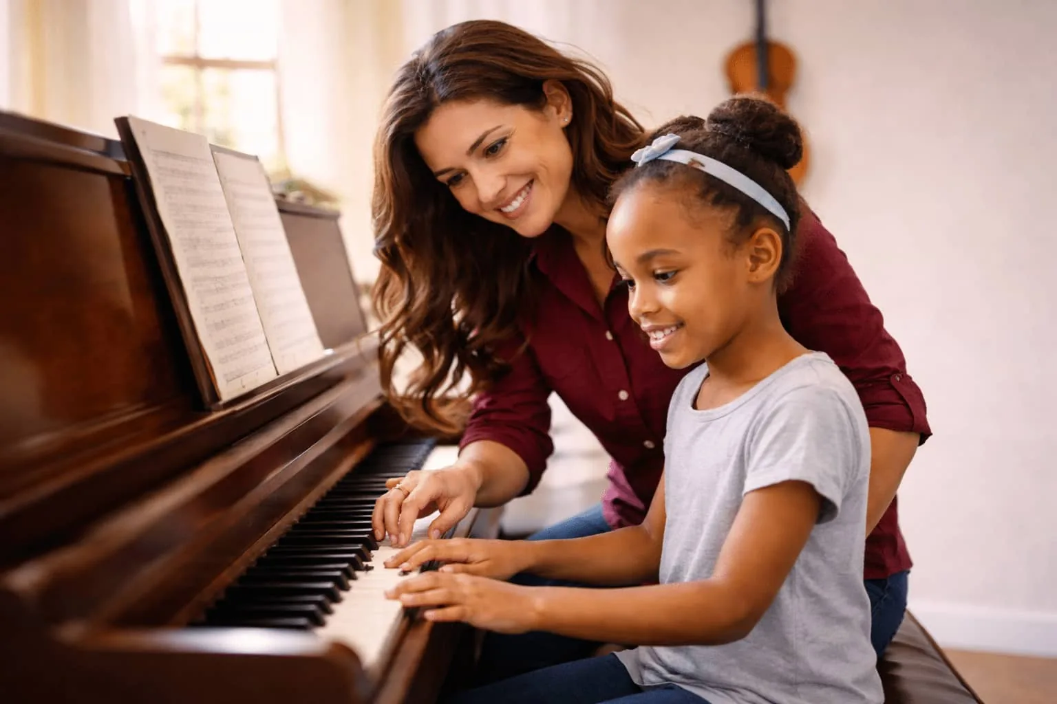 A Maestro Musicians teacher guiding a young piano student during a lesson
