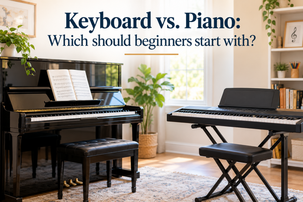 Acoustic piano and digital keyboard in a bright music room, illustrating instrument choices for beginner piano students.